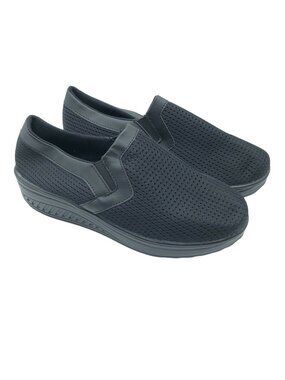 Womens Slip On Sneakers Mesh Wedge Faux Leather Trim Black Size 42 US 11